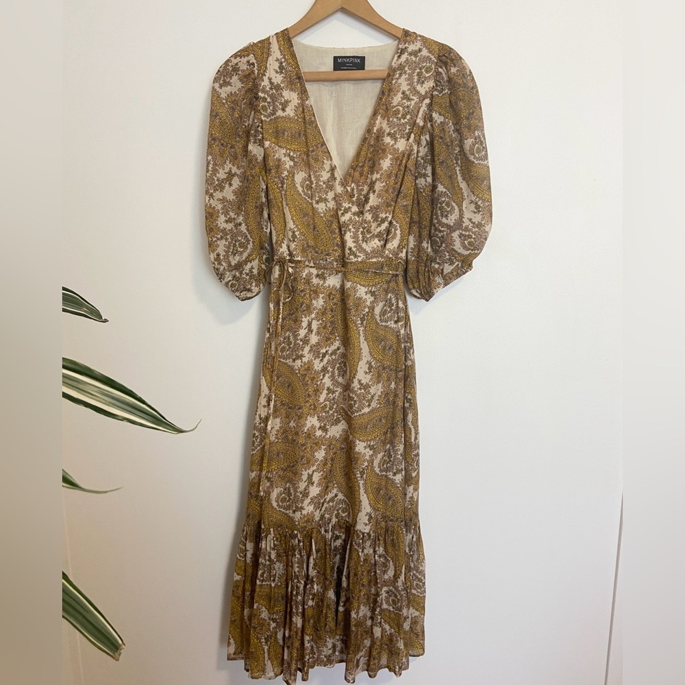 MinkPink Paisley Wrap Dress in Ethereal Cotton Golden Tones